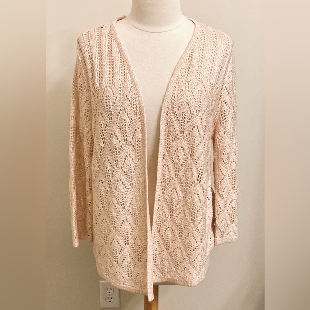 Chico’s Baby Pink Sequined SZ L Soft Girl Shabby Chic Knit Sweater Cardigan